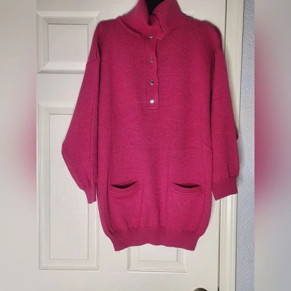 Vtg Together L Pink WOOL Blend 1/4 Buttons Pockets Lsl Turtleneck Women Sweater